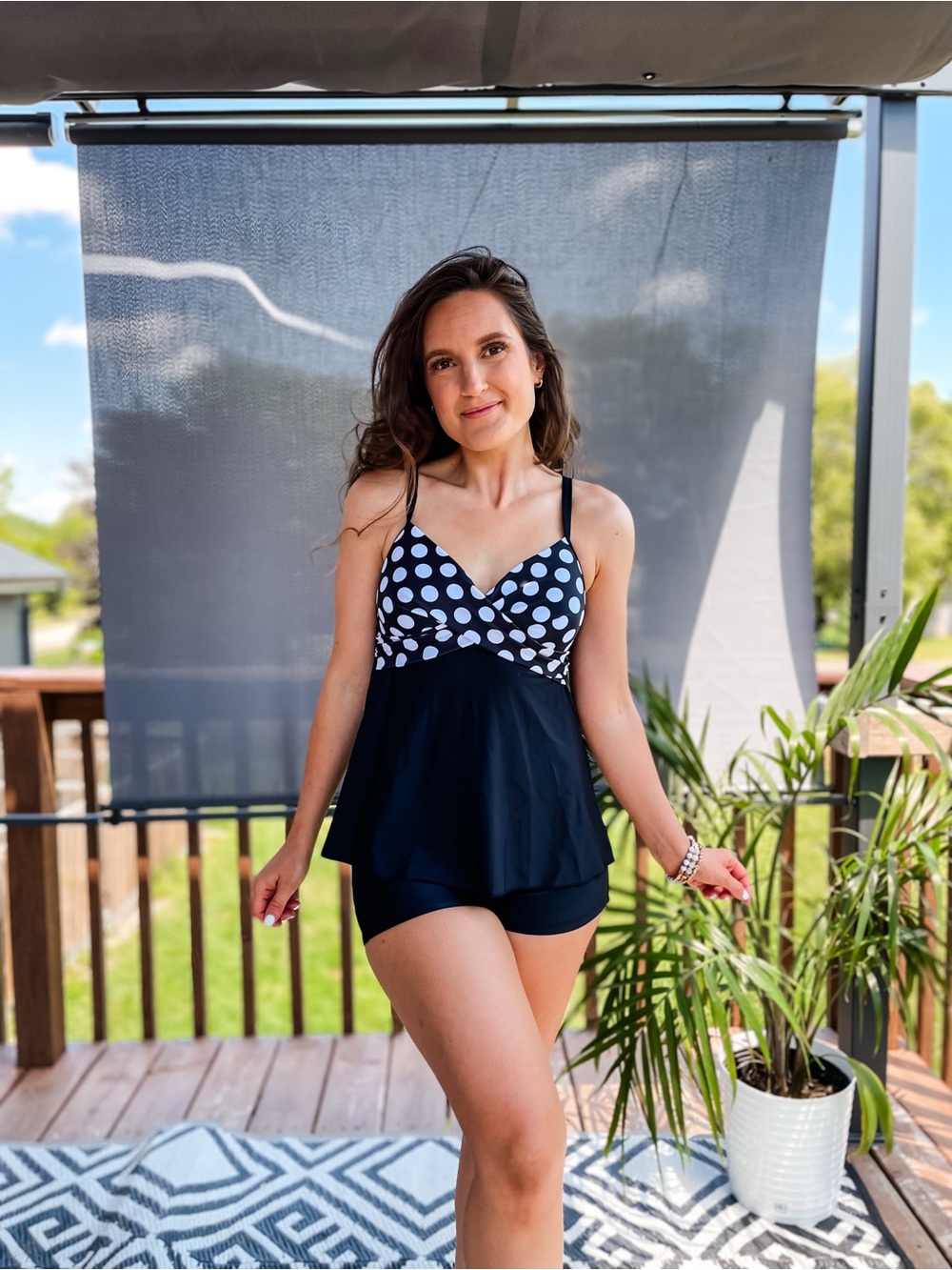 Polka Dot Black Tankini Swim Top with Black Swim Shorts